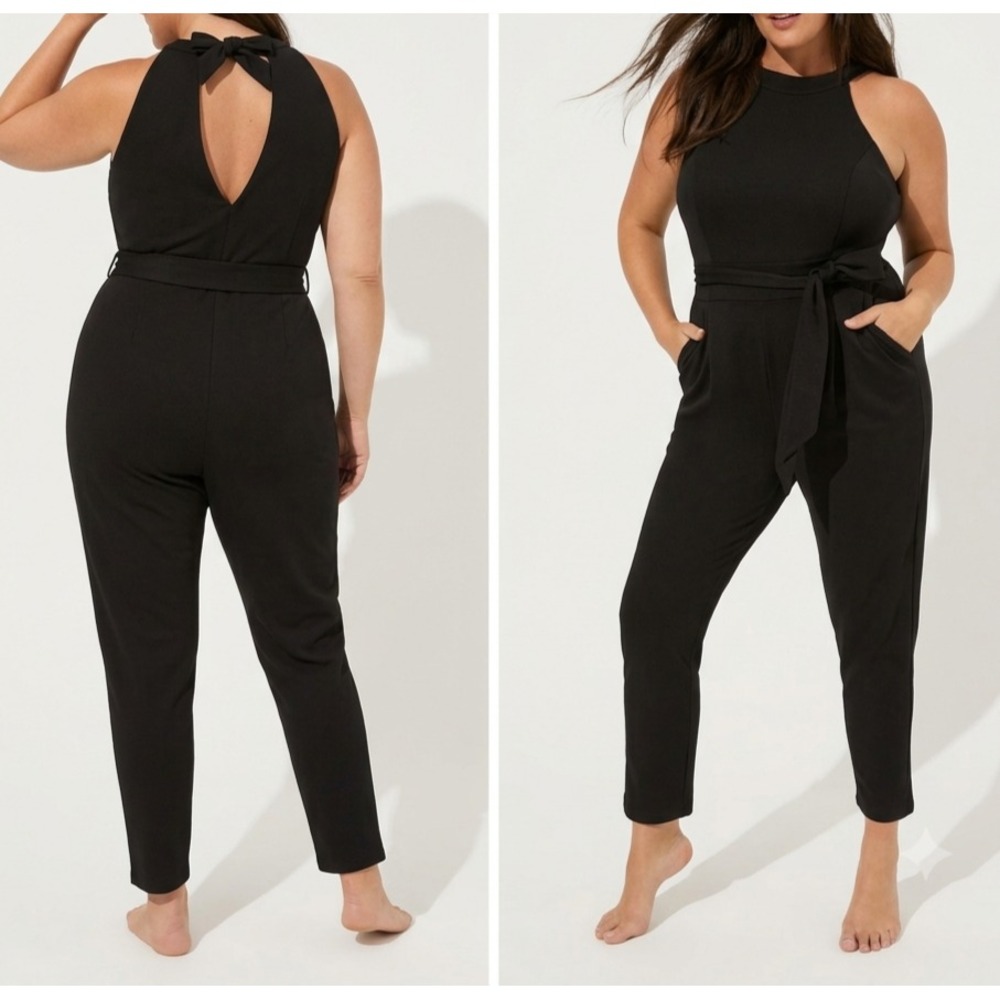 TORRID 1X Black Ponte High Neck Sleeveless Jumpsuit Pockets Halter Minimalist